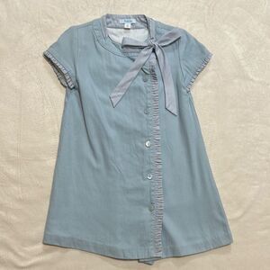 EUC Naco Blue Button-Up Dress with polka dot ruffle trim and bow